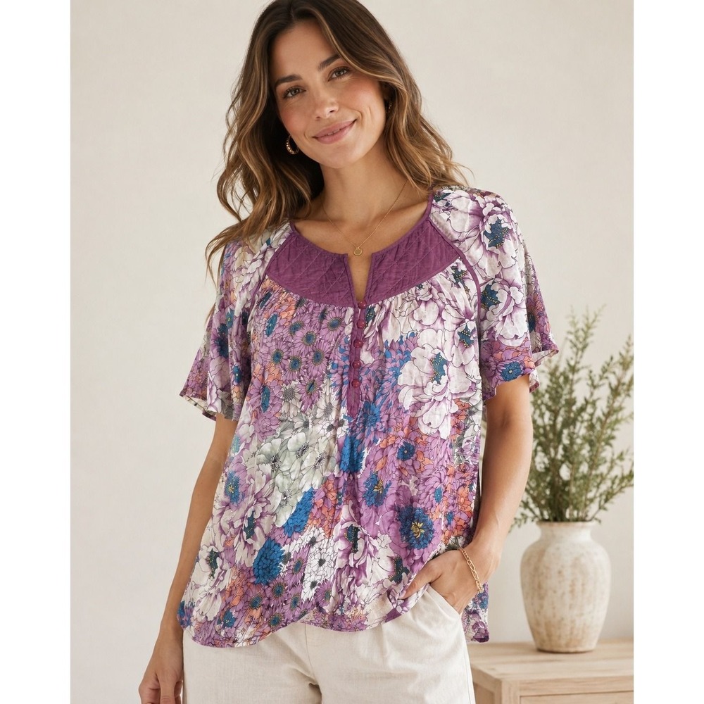 Kimchi & Blue Purple Floral Quilted Yoke Peasant Blouse Short Puff Sleeve‎ Small